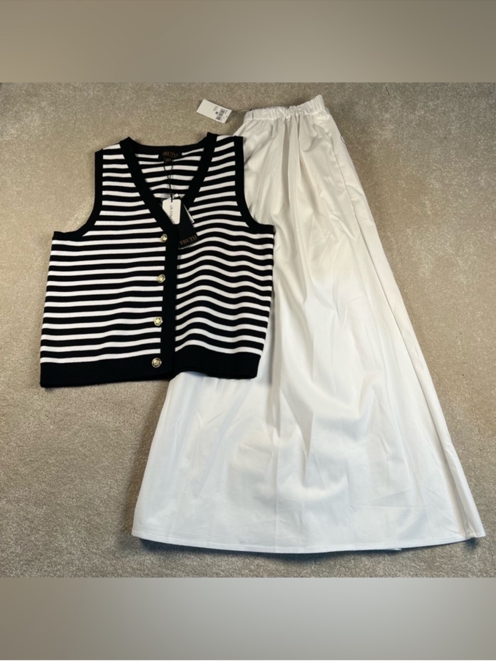 Women's White Elastic-Waist Maxi Skirt  and Vest- Classic Summer Essential - Picture 2 of 16